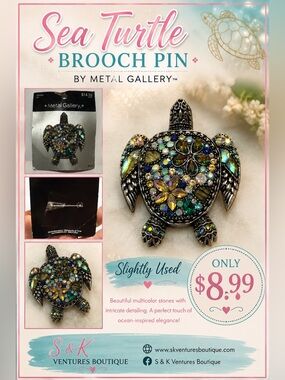 Metal Gallery Jeweled Sea Turtle Brooch Pin